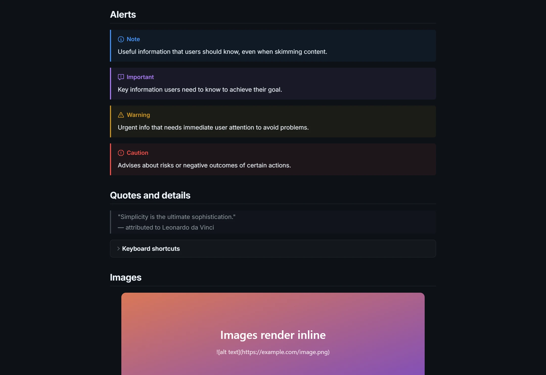 GitHub Dark 테마의 GitHub 스타일 Note, Important, Warning, Caution 알림, 인용문, 접을 수 있는 details 섹션