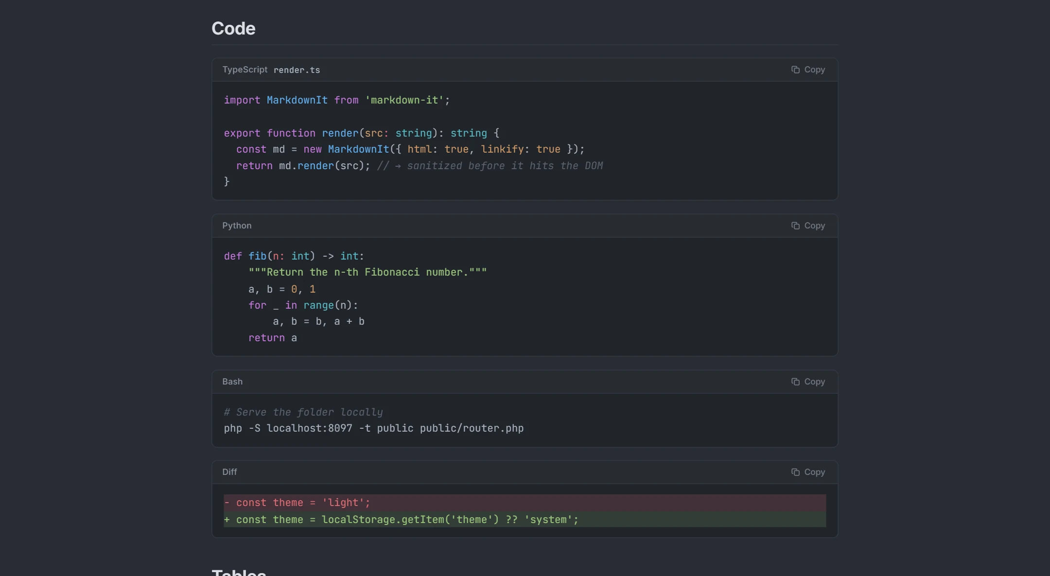언어 라벨과 복사 버튼이 있는 구문 강조 TypeScript, Python, Bash, diff 코드 블록