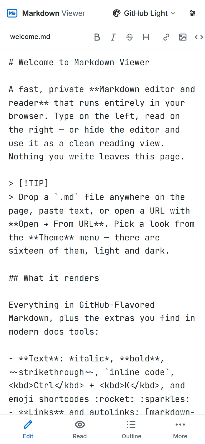휴대폰에서 서식 도구 모음이 있는 편집 모드의 Markdown 뷰어