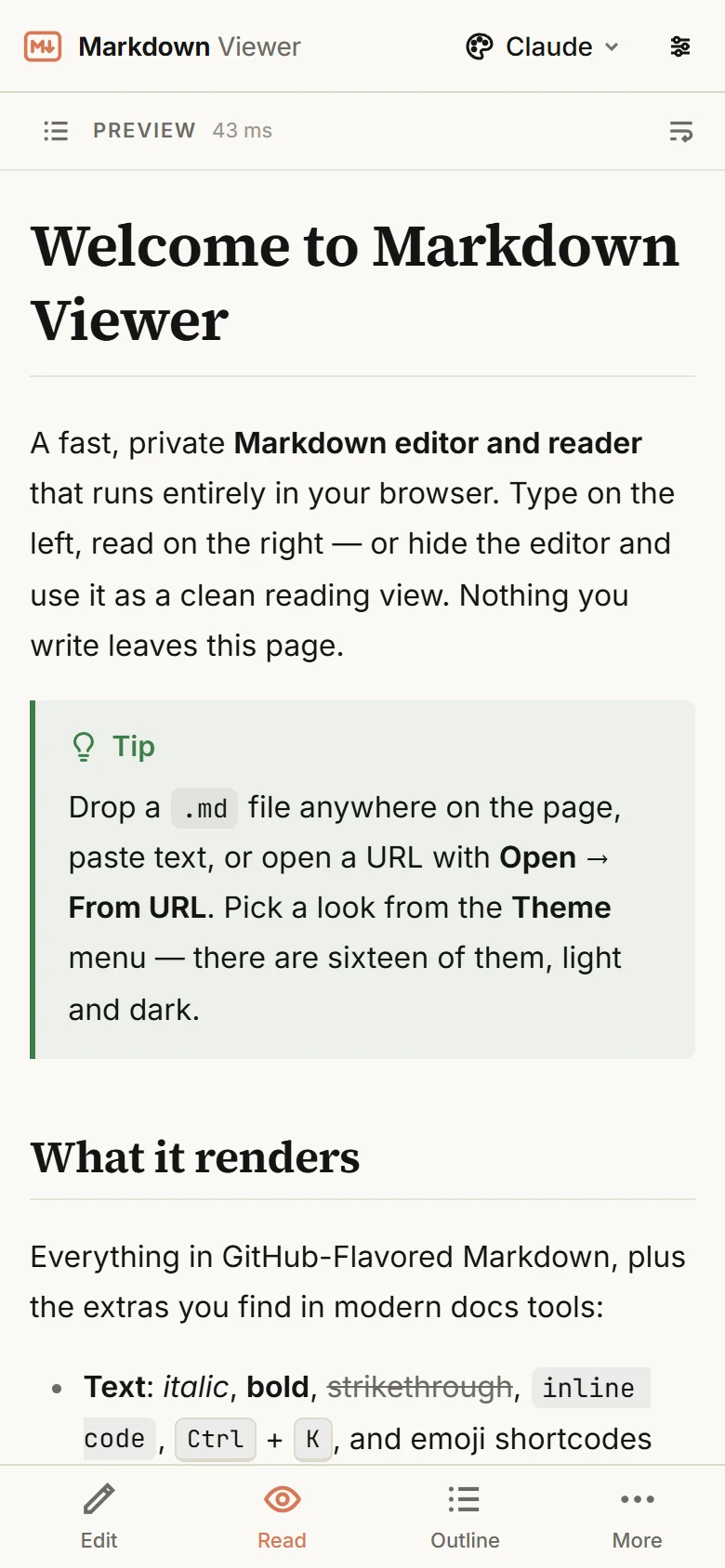 휴대폰에서 읽기 모드와 하단 동작 바가 있는 Markdown 뷰어